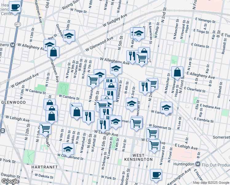 map of restaurants, bars, coffee shops, grocery stores, and more near 2962 North Orkney Street in Philadelphia