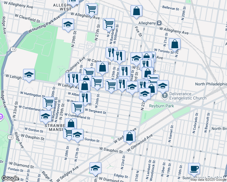 map of restaurants, bars, coffee shops, grocery stores, and more near 2429 West Lehigh Avenue in Philadelphia