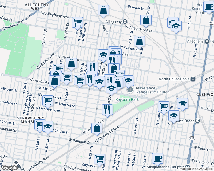 map of restaurants, bars, coffee shops, grocery stores, and more near 2728 North Croskey Street in Philadelphia
