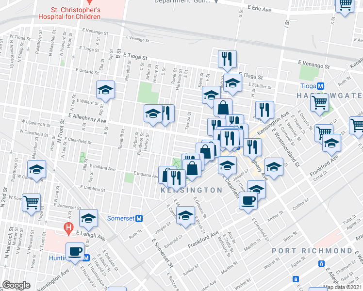 map of restaurants, bars, coffee shops, grocery stores, and more near 623 East Lippincott Street in Philadelphia