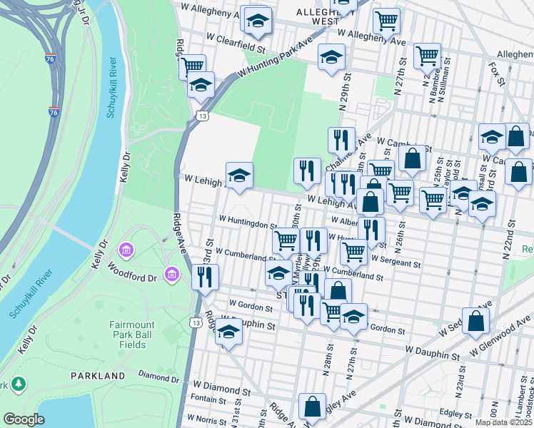 map of restaurants, bars, coffee shops, grocery stores, and more near 2620 North 31st Street in Philadelphia