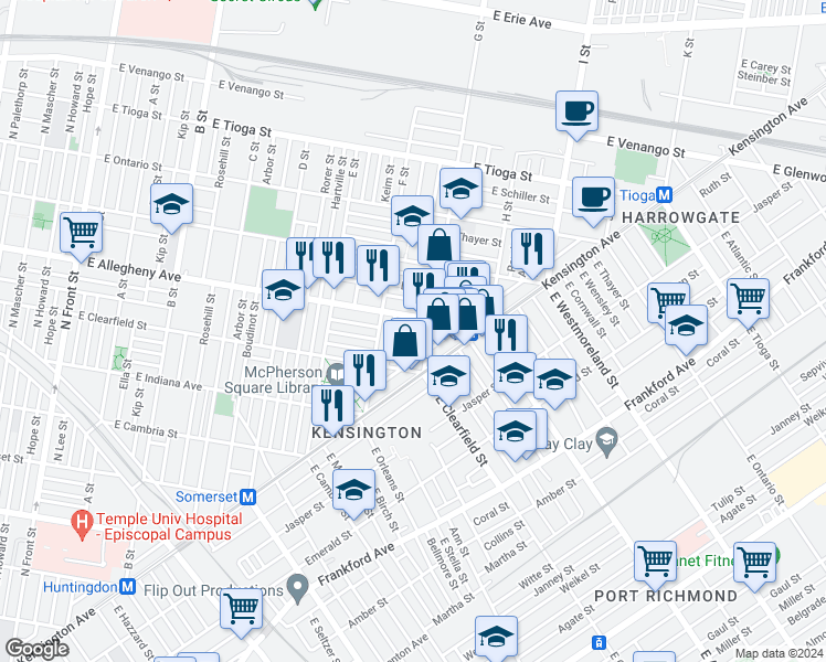 map of restaurants, bars, coffee shops, grocery stores, and more near 3156 Reach Street in Philadelphia