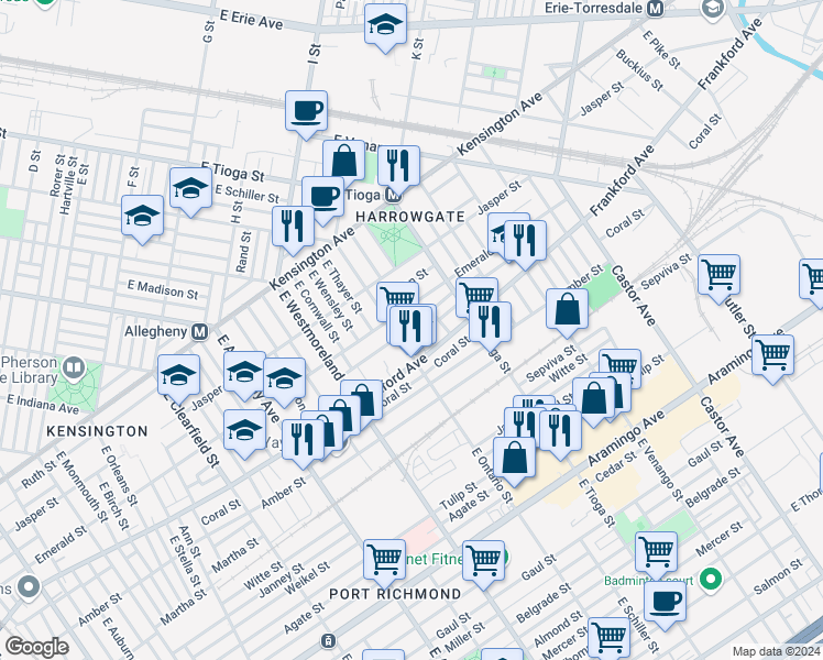 map of restaurants, bars, coffee shops, grocery stores, and more near 2024 East Russell Street in Philadelphia