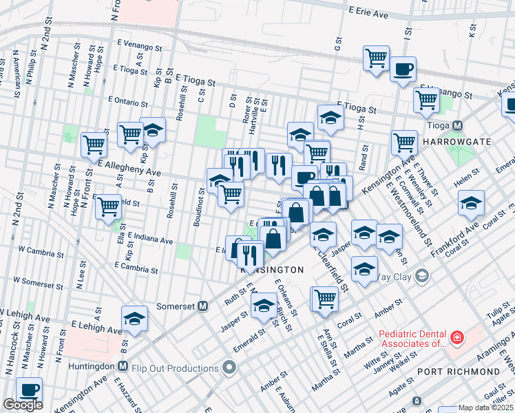 map of restaurants, bars, coffee shops, grocery stores, and more near 621 East Lippincott Street in Philadelphia