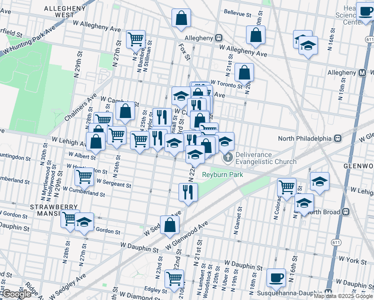 map of restaurants, bars, coffee shops, grocery stores, and more near 2728 North Croskey Street in Philadelphia