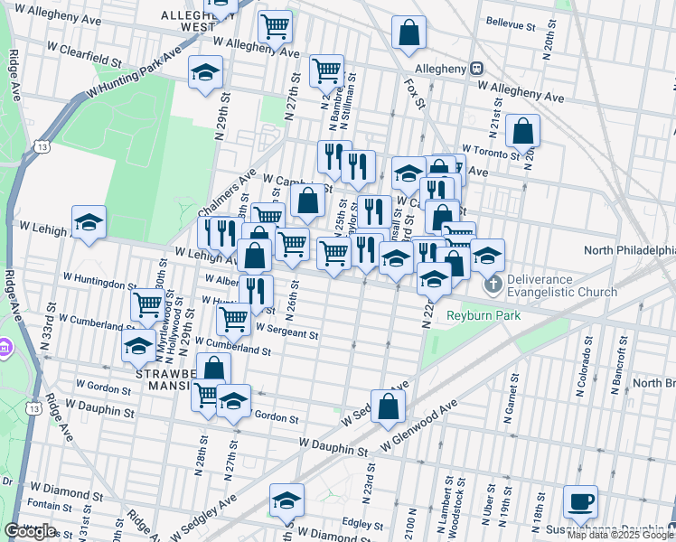 map of restaurants, bars, coffee shops, grocery stores, and more near 2435 West Lehigh Avenue in Philadelphia