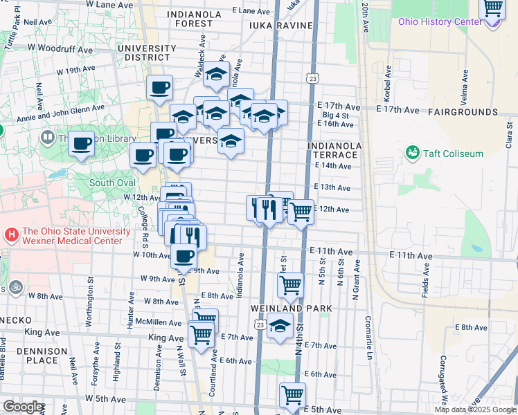 map of restaurants, bars, coffee shops, grocery stores, and more near 199 East 12th Avenue in Columbus