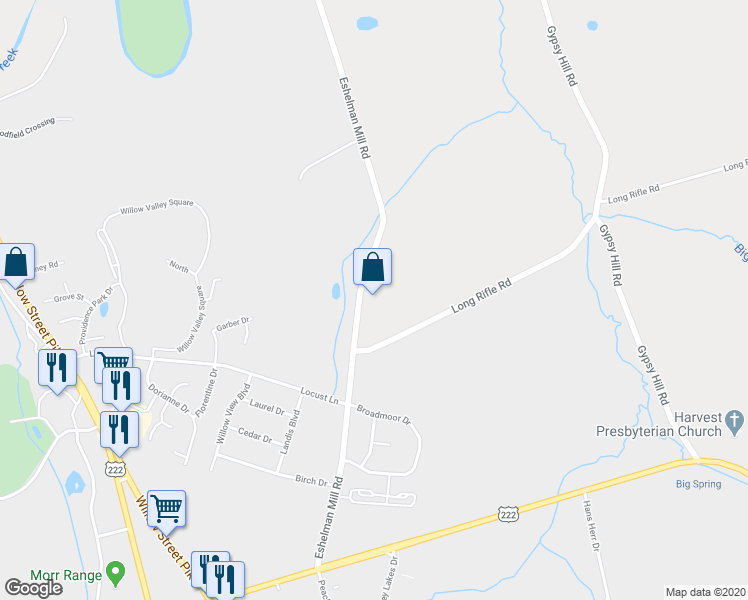 map of restaurants, bars, coffee shops, grocery stores, and more near 1501 Eshelman Mill Road in Willow Street