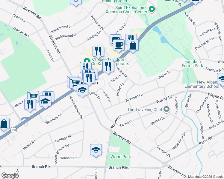 map of restaurants, bars, coffee shops, grocery stores, and more near 2165 Hemlock Lane in Cinnaminson