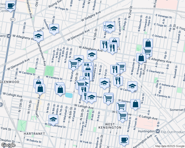 map of restaurants, bars, coffee shops, grocery stores, and more near 436 West Indiana Avenue in Philadelphia