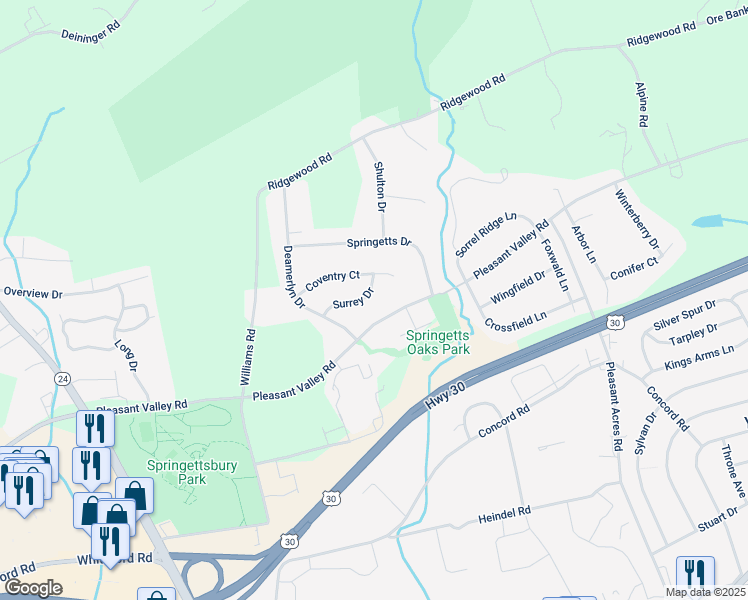 map of restaurants, bars, coffee shops, grocery stores, and more near 3640 Surrey Drive in York