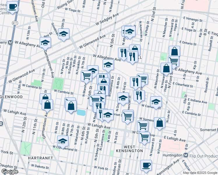 map of restaurants, bars, coffee shops, grocery stores, and more near 436 West Indiana Avenue in Philadelphia