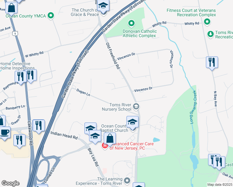 map of restaurants, bars, coffee shops, grocery stores, and more near 185 Dayna Court in Toms River