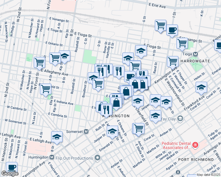map of restaurants, bars, coffee shops, grocery stores, and more near 625 East Lippincott Street in Philadelphia