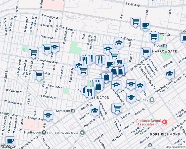 map of restaurants, bars, coffee shops, grocery stores, and more near 623 East Lippincott Street in Philadelphia