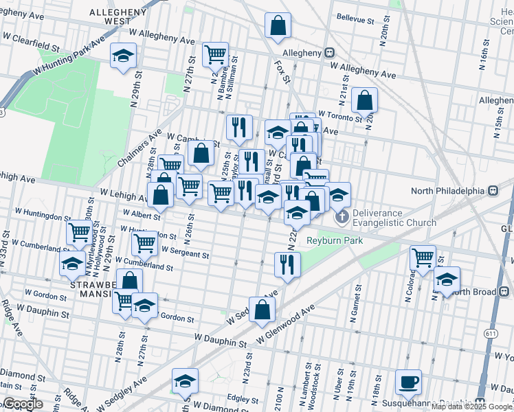 map of restaurants, bars, coffee shops, grocery stores, and more near 2719 North Judson Street in Philadelphia