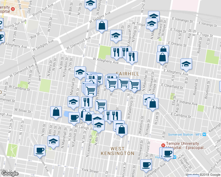 map of restaurants, bars, coffee shops, grocery stores, and more near 307 West Indiana Avenue in Philadelphia