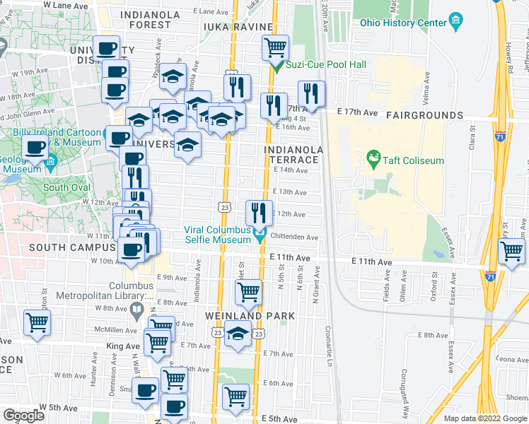 map of restaurants, bars, coffee shops, grocery stores, and more near North 4th Street & East 12th Avenue in Columbus