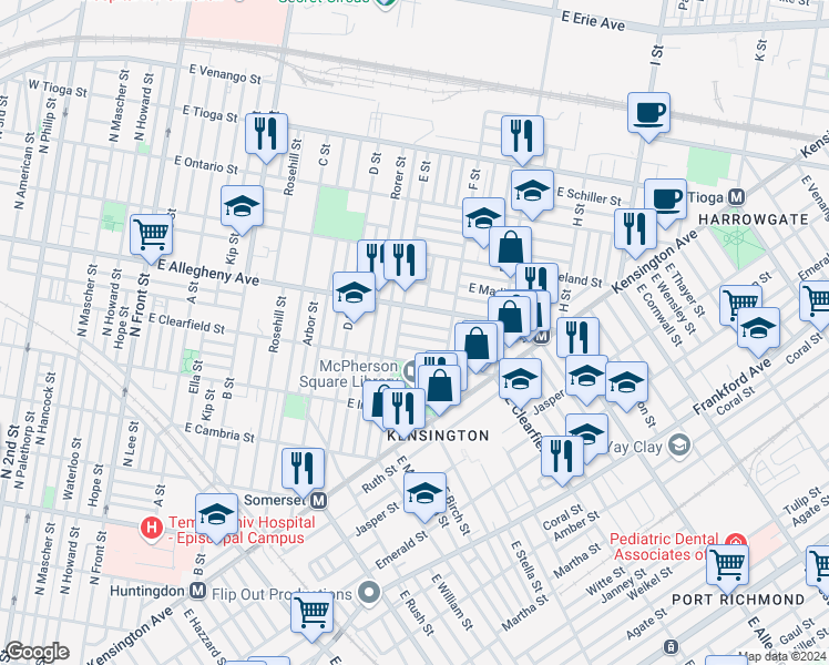 map of restaurants, bars, coffee shops, grocery stores, and more near 621 East Lippincott Street in Philadelphia