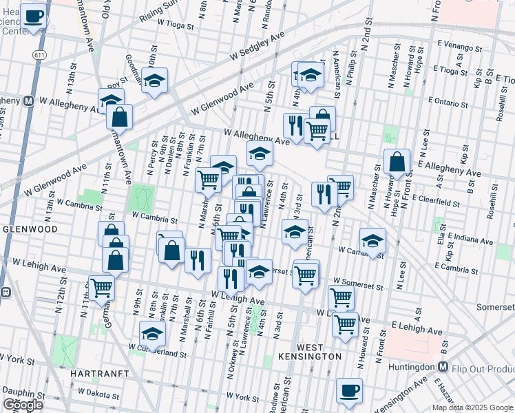map of restaurants, bars, coffee shops, grocery stores, and more near 2964 North Orkney Street in Philadelphia