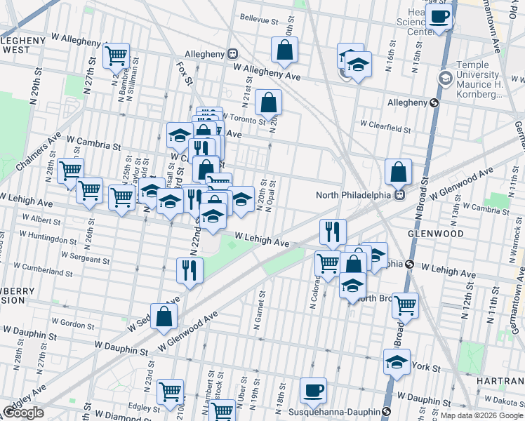 map of restaurants, bars, coffee shops, grocery stores, and more near 2734 North Opal Street in Philadelphia