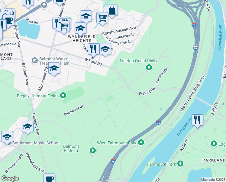 map of restaurants, bars, coffee shops, grocery stores, and more near Chamounix Drive in Philadelphia