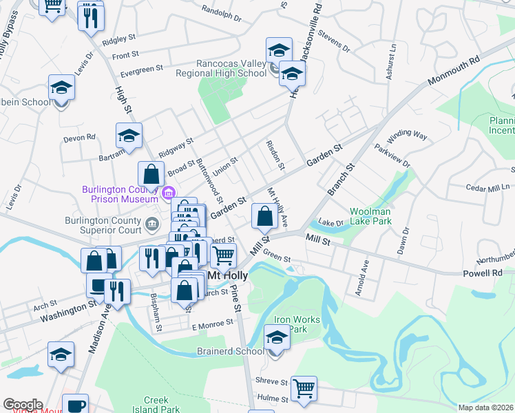 map of restaurants, bars, coffee shops, grocery stores, and more near 41 Cherry Street in Mount Holly