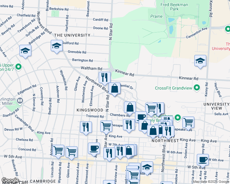 map of restaurants, bars, coffee shops, grocery stores, and more near 1855 Northwest Boulevard in Columbus