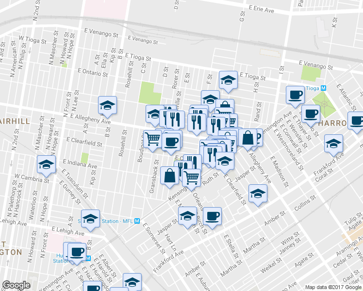 map of restaurants, bars, coffee shops, grocery stores, and more near 615 East Lippincott Street in Philadelphia