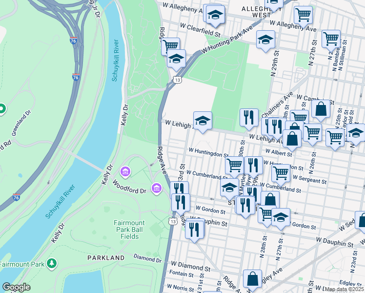 map of restaurants, bars, coffee shops, grocery stores, and more near 2602 North 33rd Street in Philadelphia