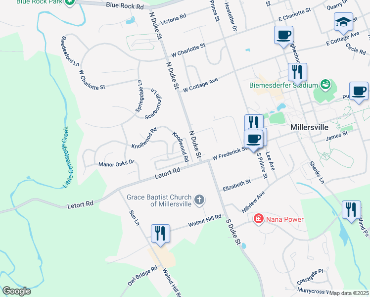 map of restaurants, bars, coffee shops, grocery stores, and more near 336 Knollwood Road in Millersville