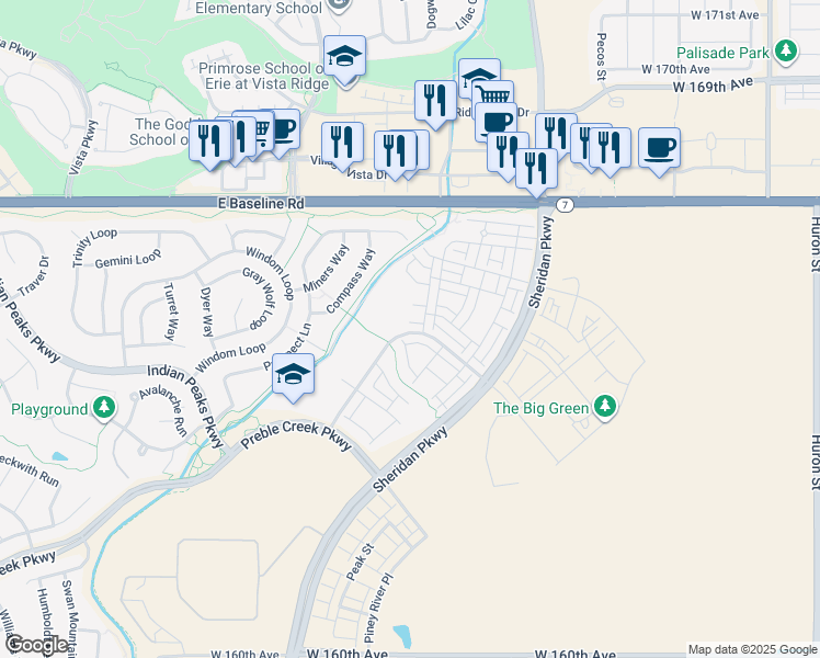 map of restaurants, bars, coffee shops, grocery stores, and more near 2127 Alcott Way in Broomfield