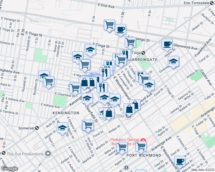 map of restaurants, bars, coffee shops, grocery stores, and more near 1885 East Madison Street in Philadelphia