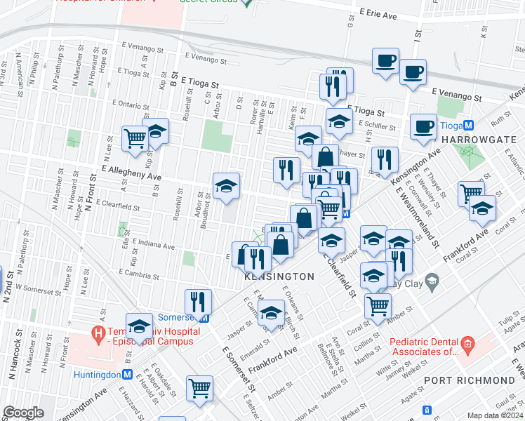 map of restaurants, bars, coffee shops, grocery stores, and more near 615 East Lippincott Street in Philadelphia