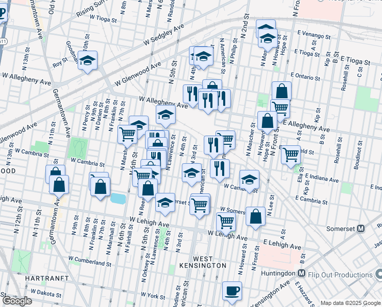 map of restaurants, bars, coffee shops, grocery stores, and more near 307 West Indiana Avenue in Philadelphia