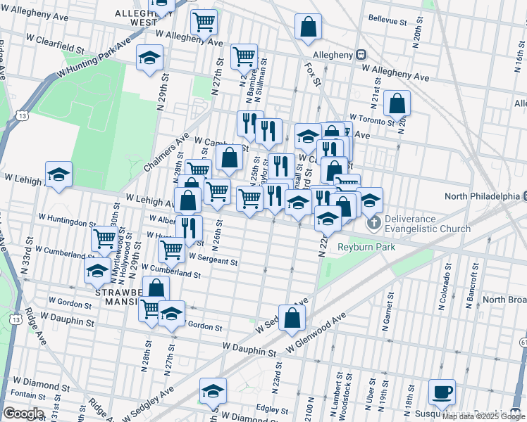 map of restaurants, bars, coffee shops, grocery stores, and more near 2710 North Ringgold Street in Philadelphia