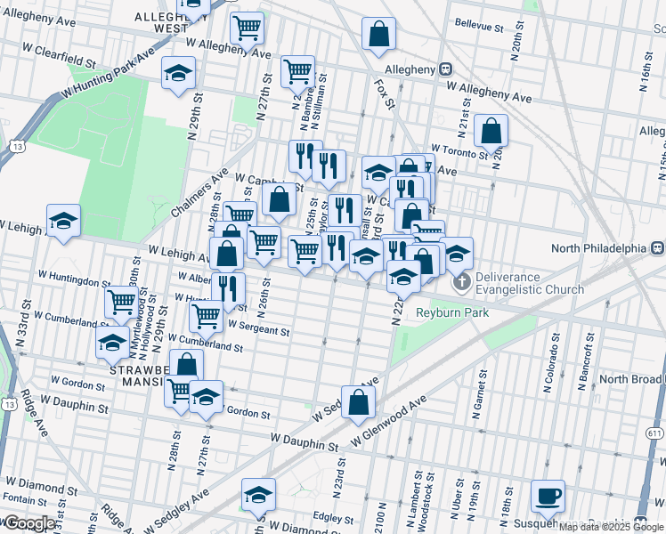 map of restaurants, bars, coffee shops, grocery stores, and more near 2714 North 24th Street in Philadelphia