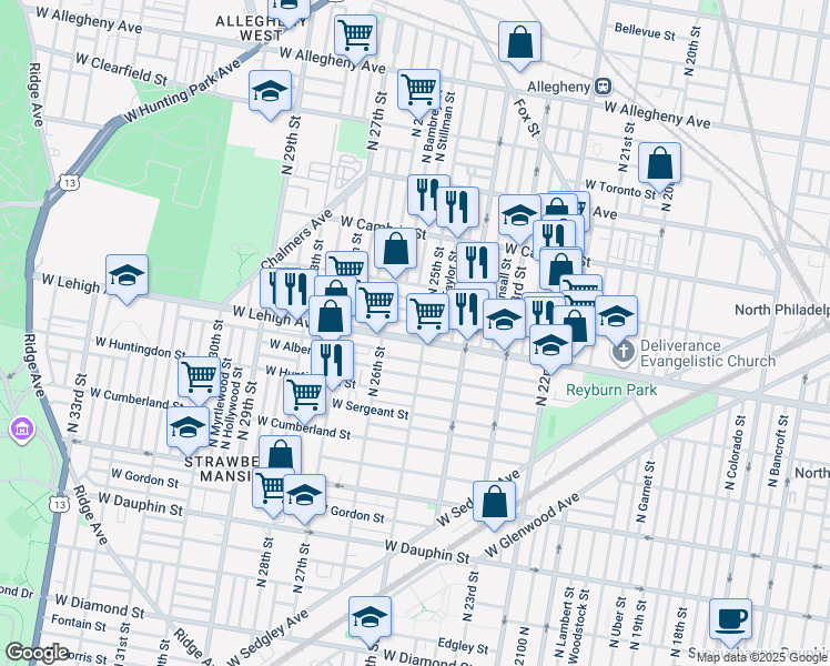 map of restaurants, bars, coffee shops, grocery stores, and more near 2511 West Lehigh Avenue in Philadelphia