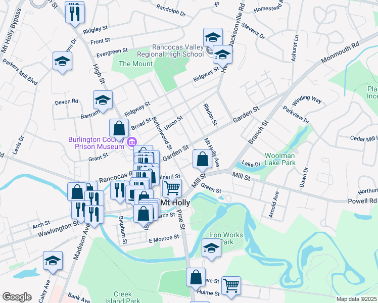 map of restaurants, bars, coffee shops, grocery stores, and more near 36 Cherry Street in Mount Holly