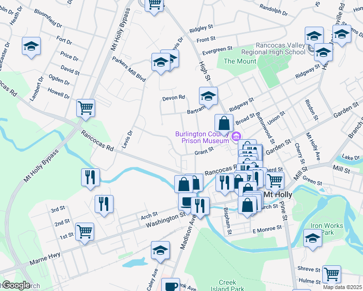 map of restaurants, bars, coffee shops, grocery stores, and more near 138 Grant Street in Mount Holly