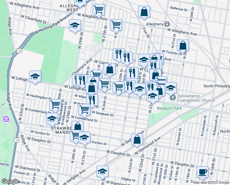 map of restaurants, bars, coffee shops, grocery stores, and more near in Philadelphia
