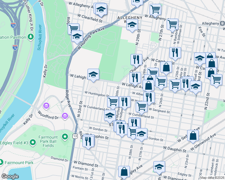 map of restaurants, bars, coffee shops, grocery stores, and more near 2609 North Stanley Street in Philadelphia