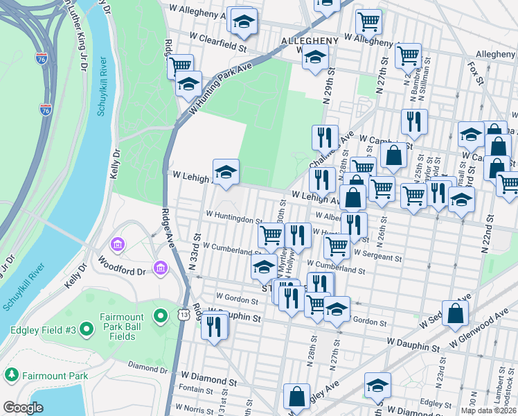 map of restaurants, bars, coffee shops, grocery stores, and more near 2609 North Stanley Street in Philadelphia
