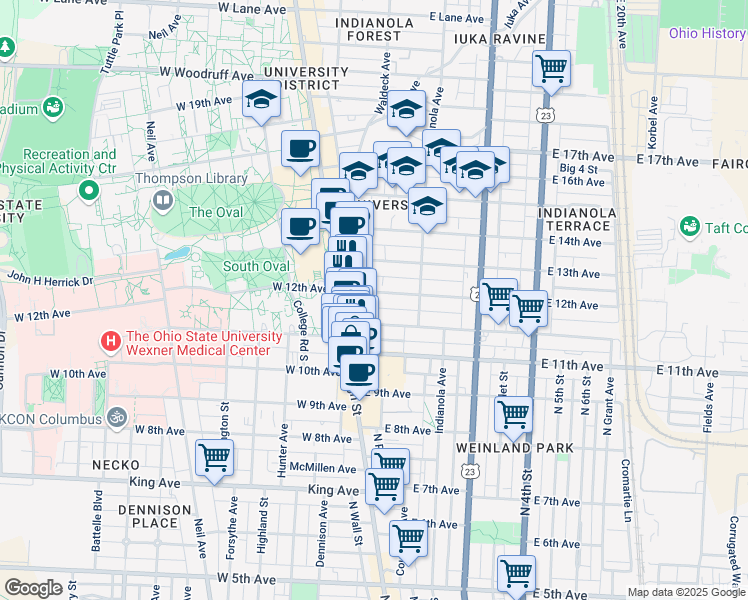 map of restaurants, bars, coffee shops, grocery stores, and more near 60 Chittenden Avenue in Columbus