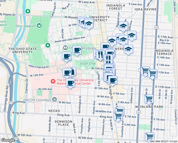 map of restaurants, bars, coffee shops, grocery stores, and more near 92 West 11th Avenue in Columbus