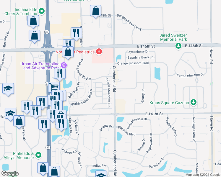 map of restaurants, bars, coffee shops, grocery stores, and more near 9766 Springcress Drive in Noblesville