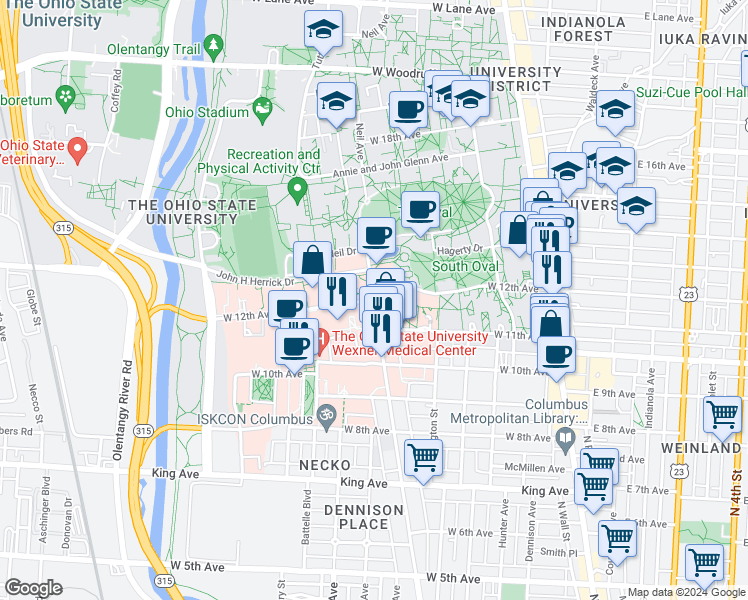 map of restaurants, bars, coffee shops, grocery stores, and more near West 12th Avenue in Columbus