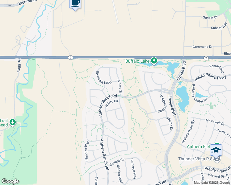 map of restaurants, bars, coffee shops, grocery stores, and more near 16537 Antero Circle in Broomfield