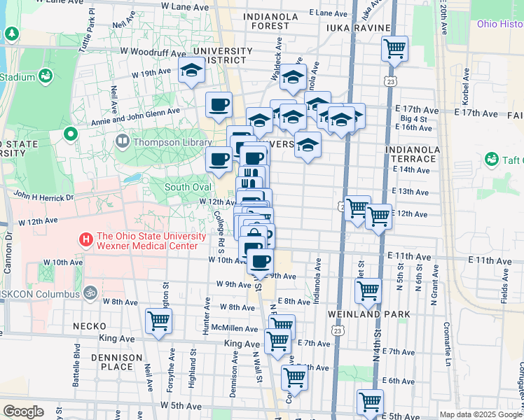 map of restaurants, bars, coffee shops, grocery stores, and more near 31 East 12th Avenue in Columbus