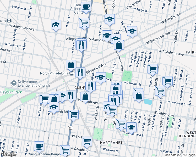 map of restaurants, bars, coffee shops, grocery stores, and more near 1220 West Cambria Street in Philadelphia